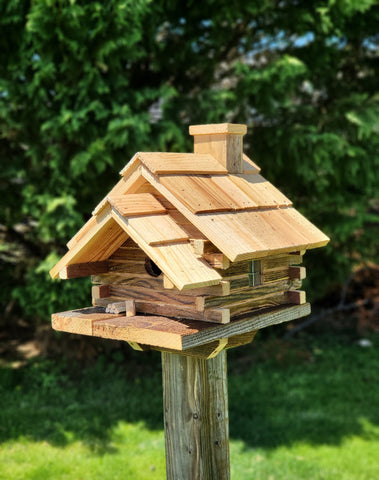 Log Cabin Birdhouse, Amish Handmade, 1 Nesting Compartments With Cedar Roof