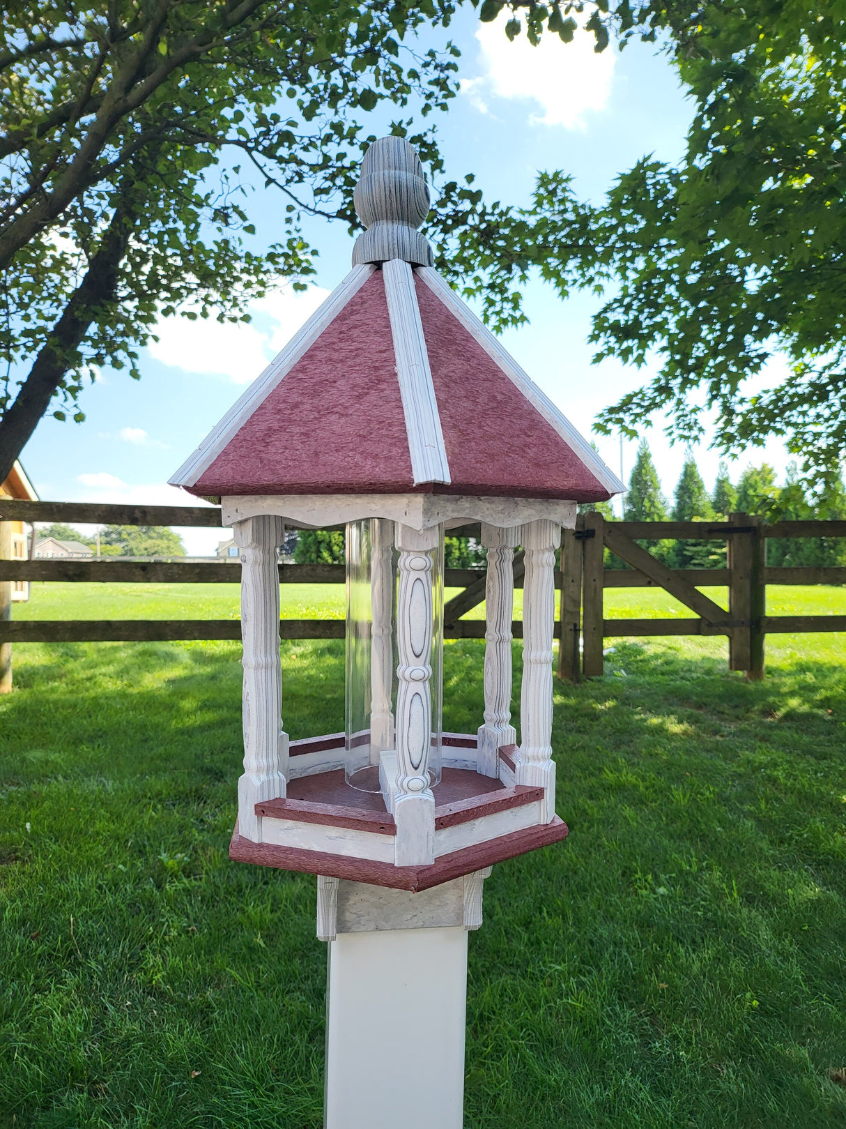 Amish Bird Feeder Handmade With a Rustic Designed Trim, Poly Lumber With Premium Feeding Tube - Easy Mounting - Bird Feeders For Outdoors