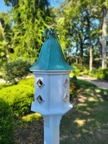 Bell Patina Copper Roof Bird House - Free Shipping - Curly Copper Design - 8 Nesting Compartments - Extra Large Weather Resistant Birdhouse