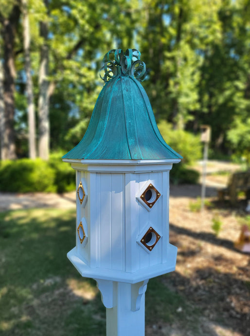 Bell Patina Copper Roof Bird House With Curly Copper Design, 8 Nesting Compartments, Extra Large Weather Resistant Birdhouse