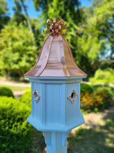 Load image into Gallery viewer, Bell Patina Copper Roof Bird House With Curly Patina Copper Design, 4 Nesting Compartments, Extra Large Weather Resistant Birdhouse
