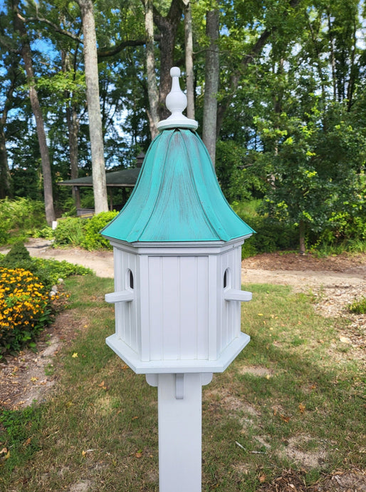 Patina Copper Roof Bird House Handmade, Large 6 Sided With 3 Nesting Compartments, Weather Resistant Birdhouses