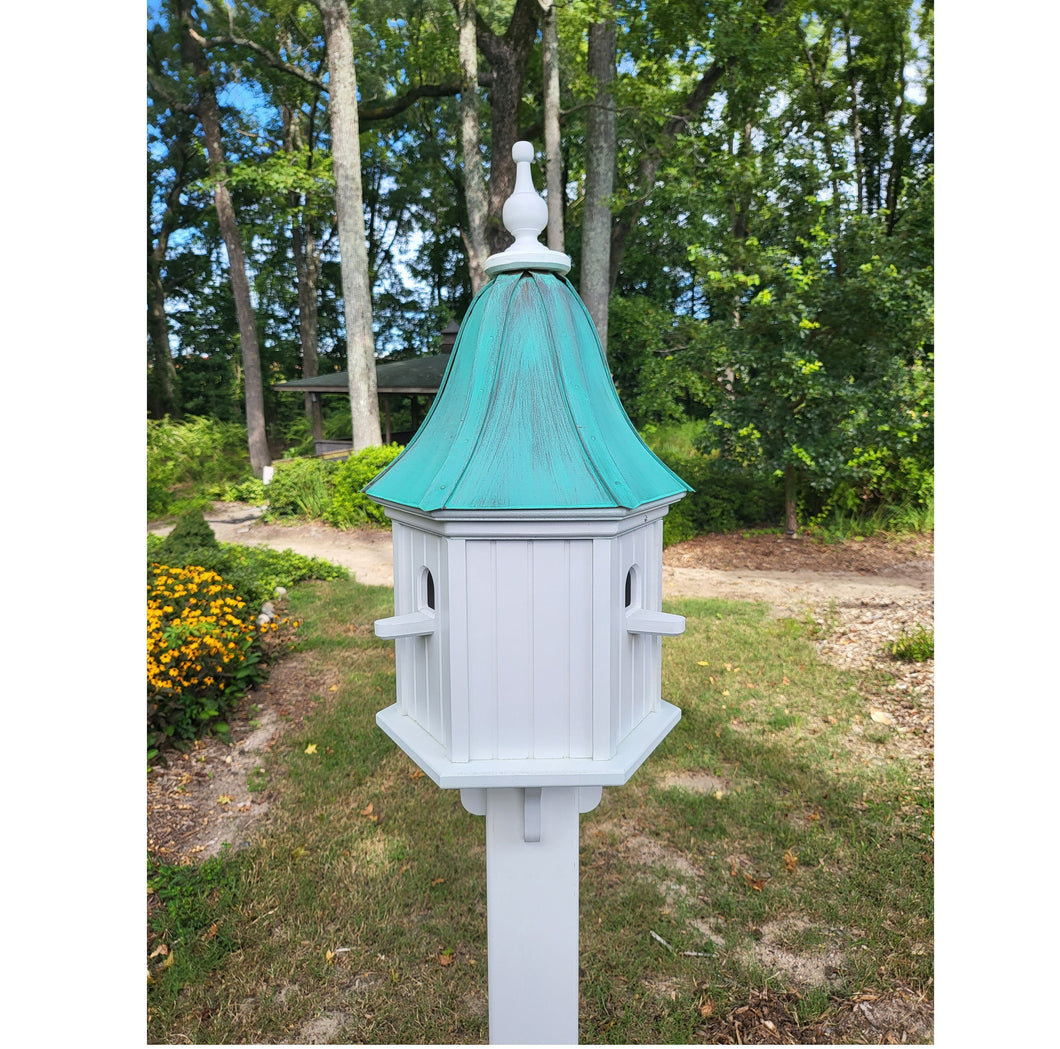 Patina Copper Roof Bird House Handmade, Large 6 Sided With 3 Nesting Compartments, Weather Resistant Birdhouses