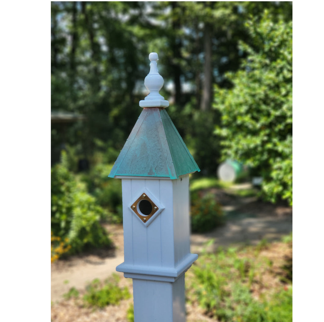 Bluebird Birdhouse Patina Copper Top Handmade Vinyl With 1 Nesting Compartment, Metal Predator Guards, Weather Resistant, Birdhouse Outdoor