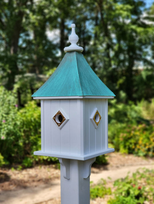 Patina Copper Birdhouse With Copper Predator Guards, With 4 Nesting Compartments Weather Resistant, Birdhouse Outdoor