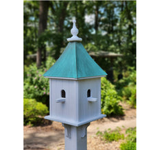 Load image into Gallery viewer, Patina Copper Roof Handmade Birdhouse With 4 Nesting Compartments Weather Resistant, Patina Copper Top Birdhouse Outdoor
