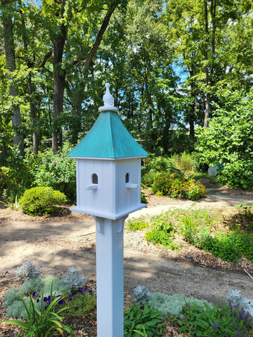 Patina Copper Roof Handmade Birdhouse With 4 Nesting Compartments Weather Resistant, Patina Copper Top Birdhouse Outdoor