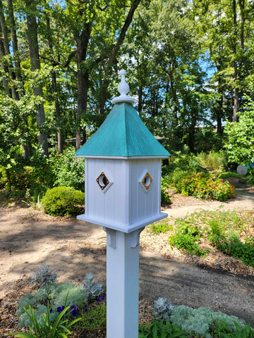 Patina Copper Roof Handmade Birdhouse With 4 Nesting Compartments Weather Resistant, Patina Copper Top Birdhouse Outdoor