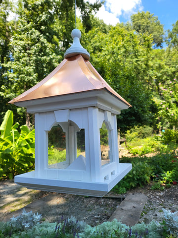 Hanging Bird Feeder, Patina Copper Roof, Large Capacity Feed Tray, Square Design