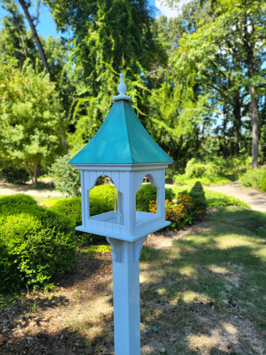 Bird Feeder X-Large With Patina Copper Roof, Square Design, Premium Feeding Tube