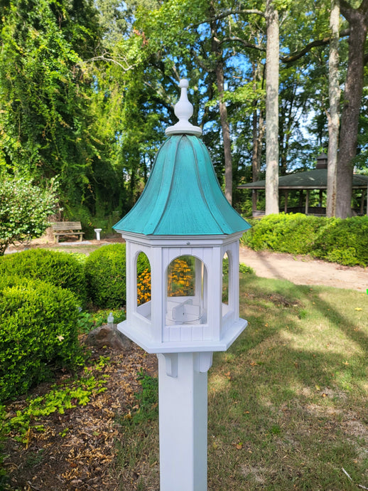 Patina Copper Roof Bird Feeder Large, 6 Sided, Bell Shaped Roof, Premium Feeding Tube