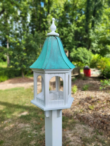 Patina Copper Roof Bird Feeder Large, 6 Sided, Bell Shaped Roof, Premium Feeding Tube