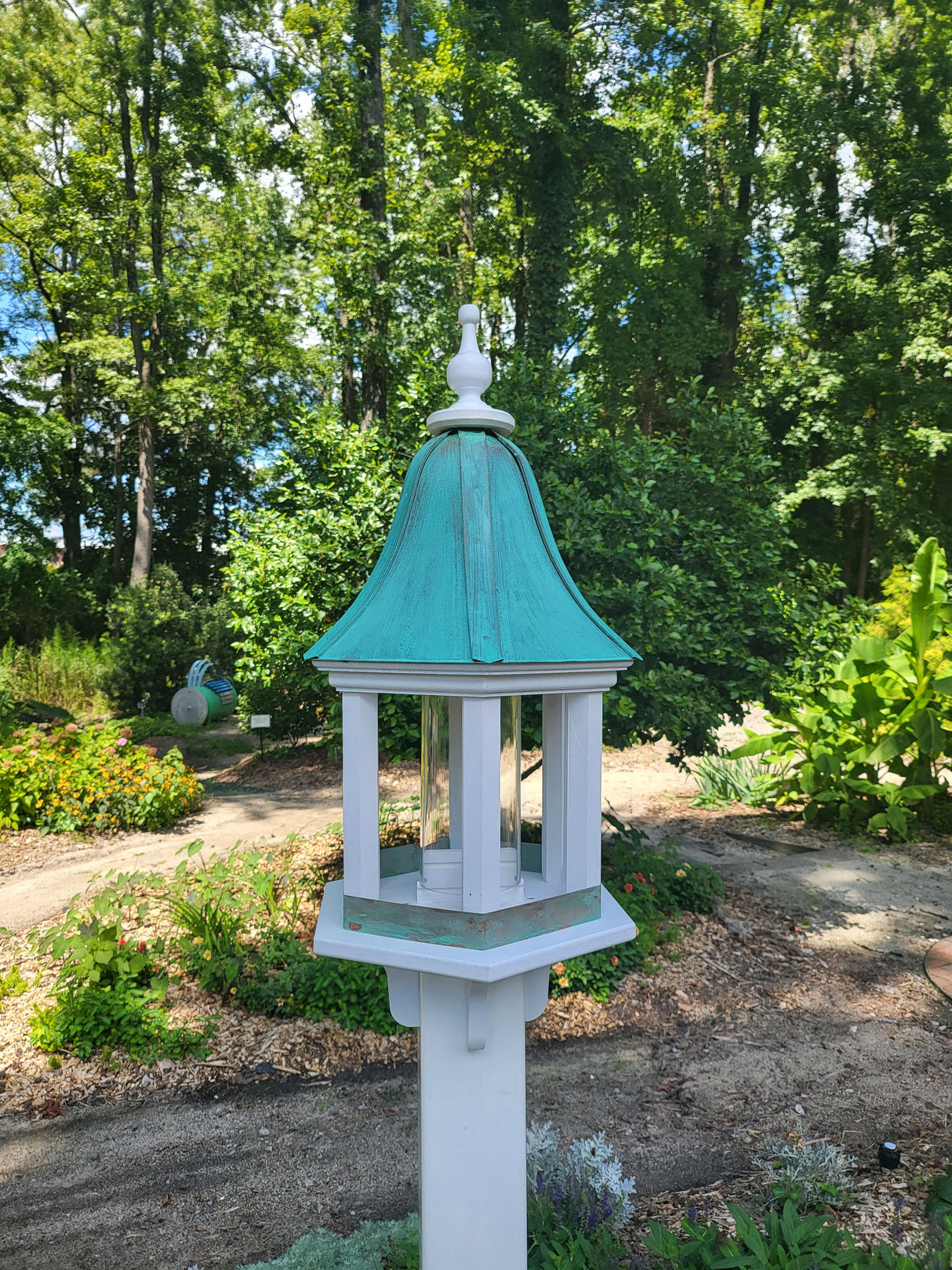 Patina Copper Roof Bird Feeder Large, 6 Sided, Bell Shaped Roof, Premium Feeding Tube