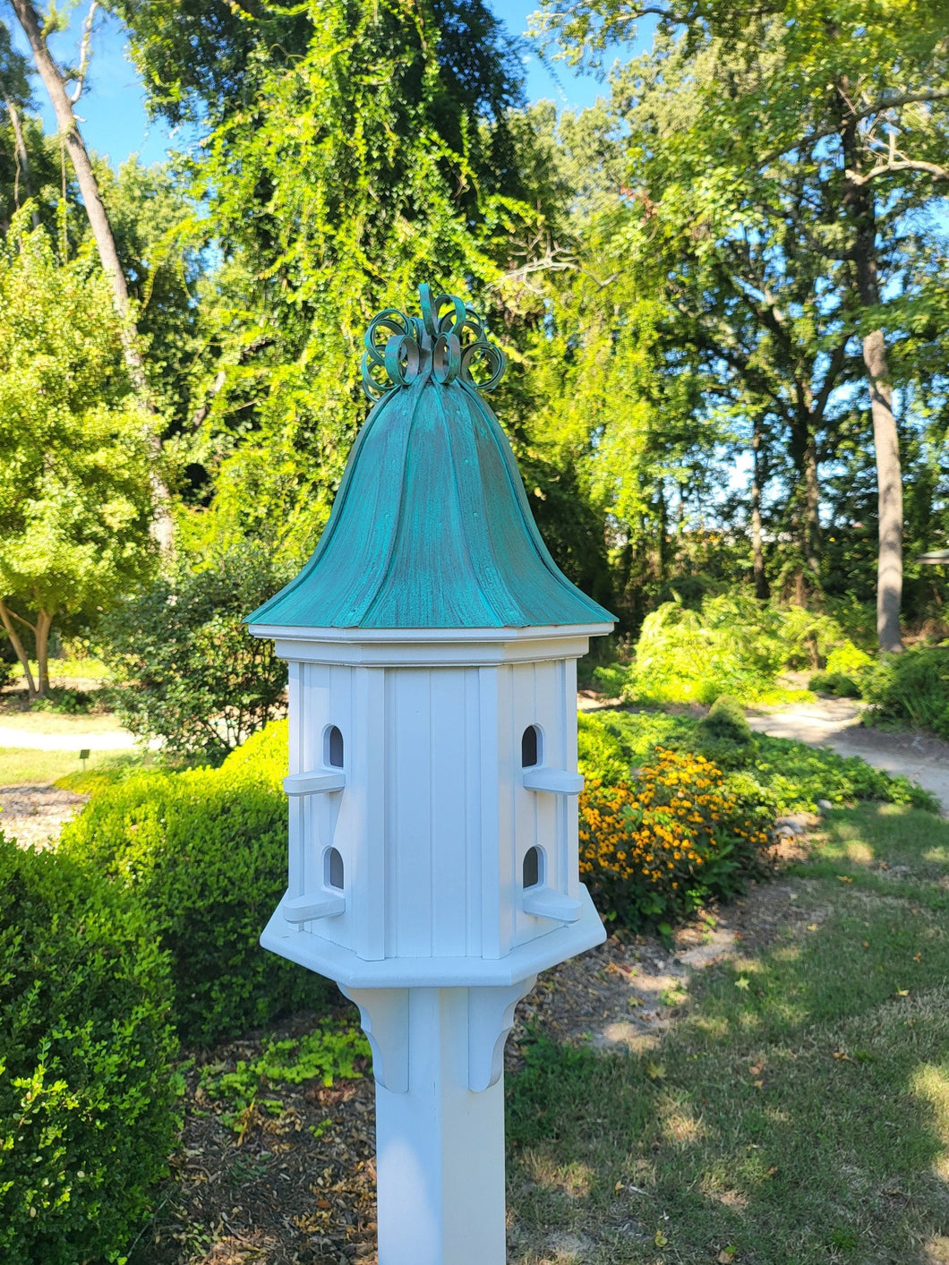 Bell Patina Copper Roof Bird House - Free Shipping - Curly Copper Design - 8 Nesting Compartments - Extra Large Weather Resistant Birdhouse