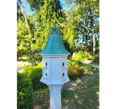 Bell Patina Copper Roof Bird House With Curly Copper Design, 8 Nesting Compartments, Extra Large Weather Resistant Birdhouse