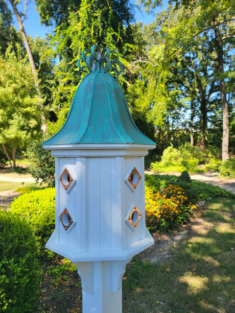 Bell Patina Copper Roof Bird House With Curly Copper Design, 8 Nesting Compartments, Extra Large Weather Resistant Birdhouse