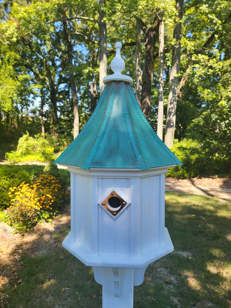 Copper Roof Birdhouse Handmade, Octagon Shape, Patina Copper Extra Large With 4 Nesting Compartments, Predator Guards