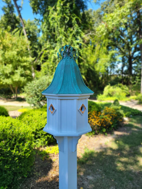 Bell Patina Copper Roof Bird House With Curly Patina Copper Design, 4 Nesting Compartments, Extra Large Weather Resistant Birdhouse