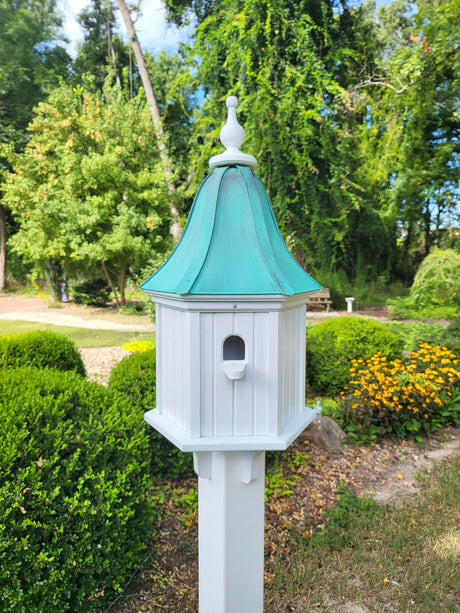 Patina Copper Roof Bird House Handmade, Large 6 Sided With 3 Nesting Compartments, Weather Resistant Birdhouses