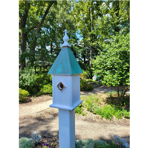 Bluebird Birdhouse Patina Copper Top Handmade Vinyl With 1 Nesting Compartment, Metal Predator Guards, Weather Resistant, Birdhouse Outdoor