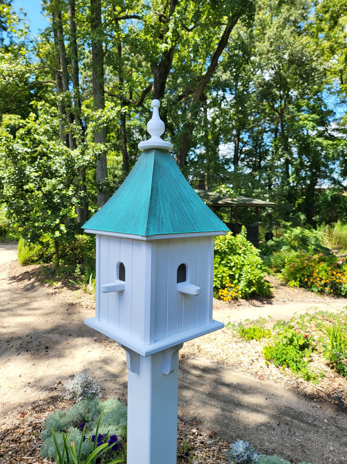 Patina Copper Roof Handmade Birdhouse With 4 Nesting Compartments Weather Resistant, Patina Copper Top Birdhouse Outdoor