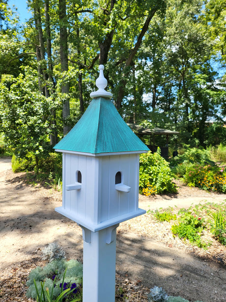 Patina Copper Roof Handmade Birdhouse With 4 Nesting Compartments Weather Resistant, Patina Copper Top Birdhouse Outdoor