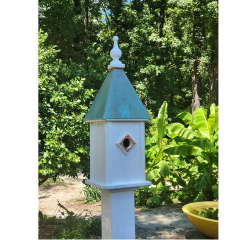 Bluebird Birdhouse Patina Copper Top Handmade Vinyl With 1 Nesting Compartment, Metal Predator Guards, Weather Resistant, Birdhouse Outdoor