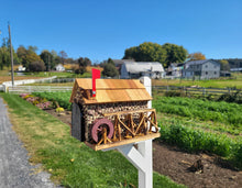 Load image into Gallery viewer, Waterwheel Mailbox, Amish Made Wooden With Red Stones Cover, Cedar Shake Roof, Decorative Waterwheel, and USPS Approved Metal Insert. - Barn Mailboxes Stone
