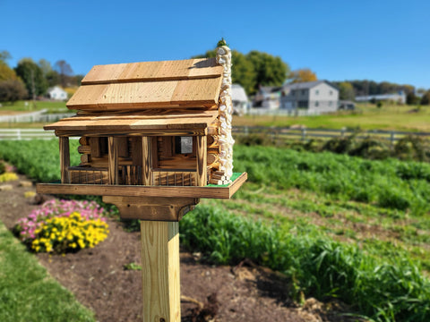 Log Cabin Bird Feeder - Free Shipping - Amish Handmade - Cedar Roof - Yellow Pine and Stone Chimney