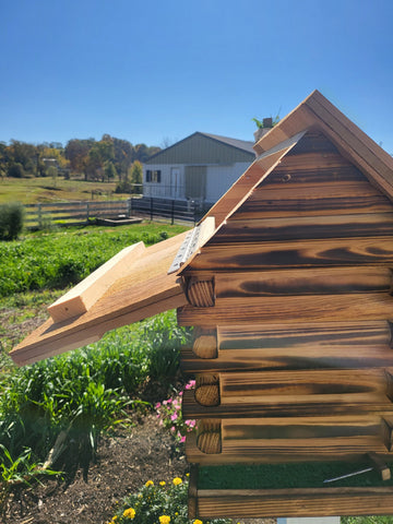 Log Cabin Bird Feeder - Free Shipping - Amish Handmade - Cedar Roof - Yellow Pine and Stone Chimney