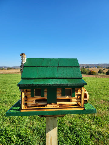 Log Cabin Bird Feeder, Amish Handmade, Waterwheel Decoration, Stone Chimney