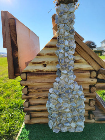 Log Cabin Bird Feeder, Amish Handmade, Waterwheel Decoration, Stone Chimney