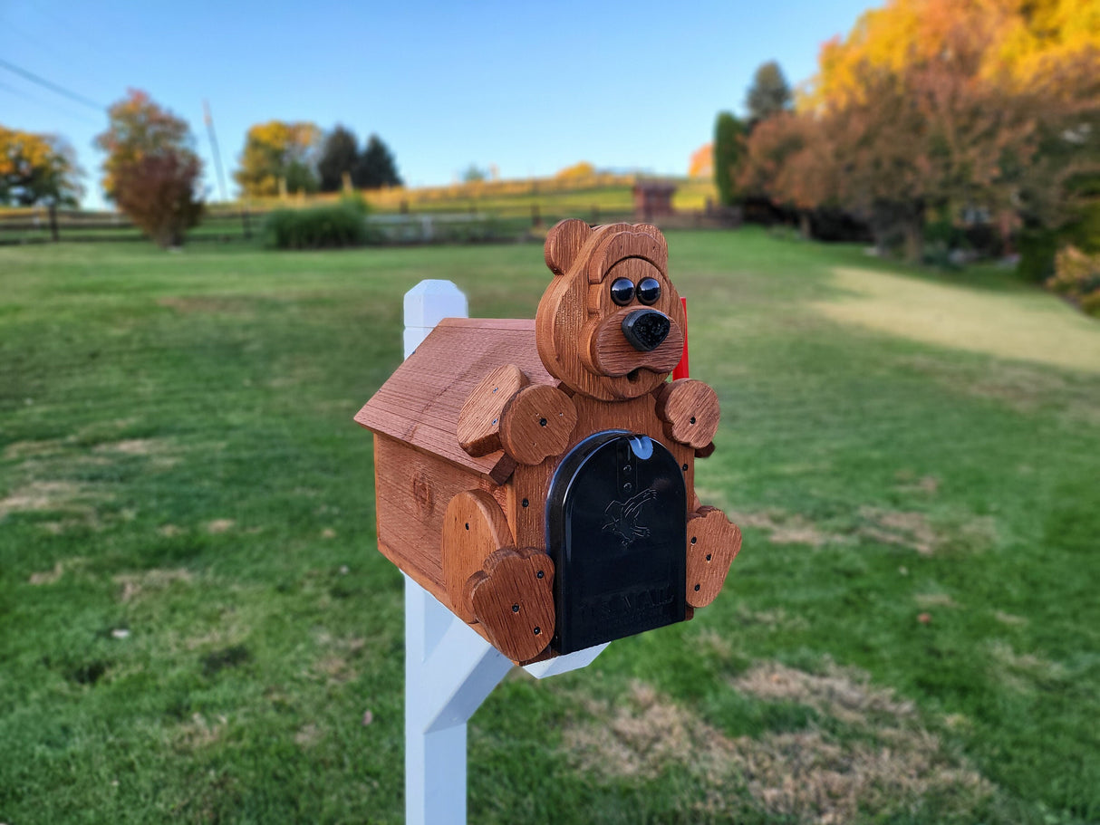 Bear Mailbox  Amish Handmade, Wooden With Metal Box Insert USPS Approved - Made With Yellow Pine Rougher Head - Unique Mailboxes