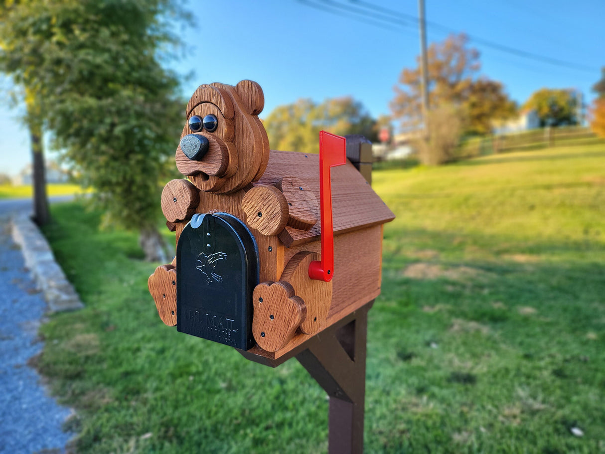 Amish Mailbox Bear Design Wooden With Metal Insert USPS Approved Mailbox Outdoor - Animal Shape + Cabins