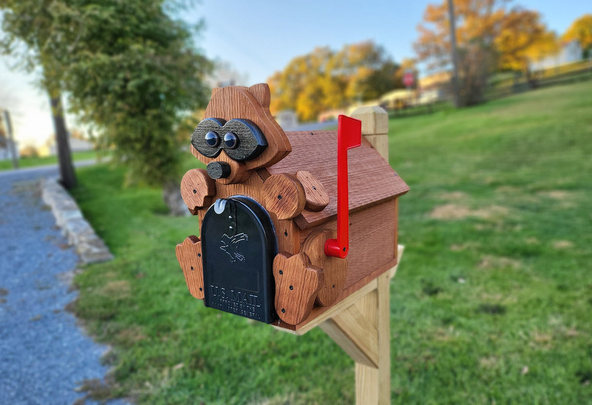 Raccoon Mailbox Amish Handmade, Wooden With metal Box Insert USPS Approved - Made With Yellow Pine Rougher Head - Unique Mailboxes