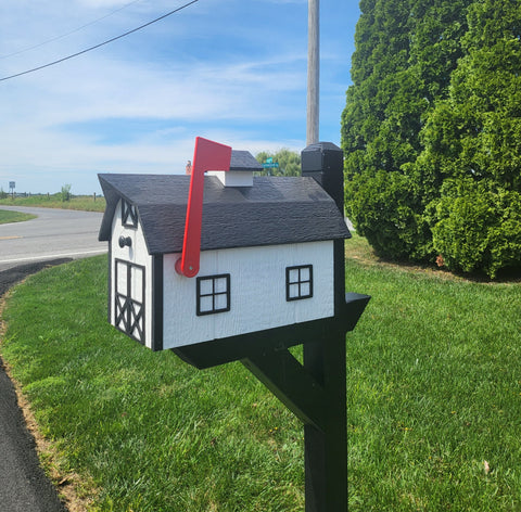 Dutch Barn Mailbox Amish Handmade, Choose Your Color, Wood Amish Mailbox With Red Flag Black Roof