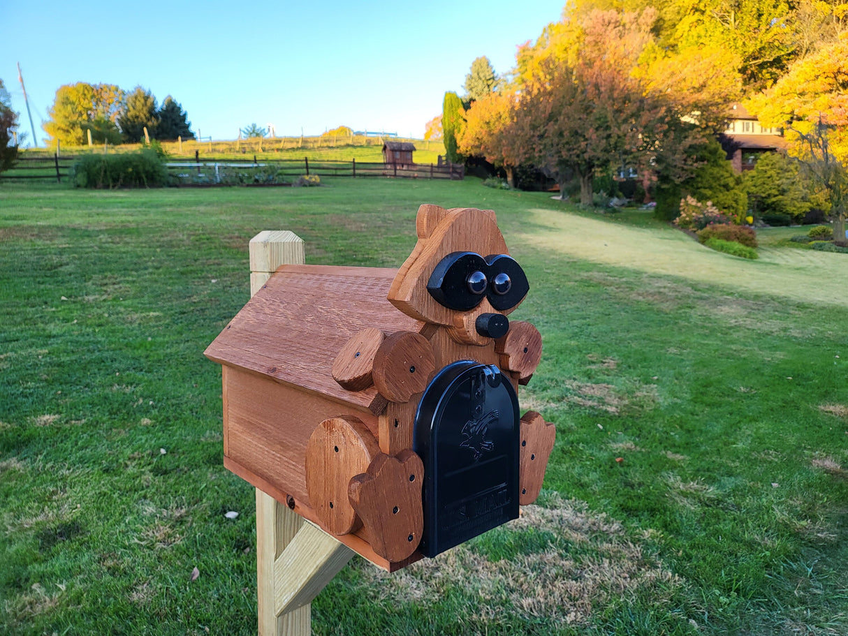 Raccoon Mailbox Amish Handmade, Wooden With metal Box Insert USPS Approved - Made With Yellow Pine Rougher Head - Unique Mailboxes