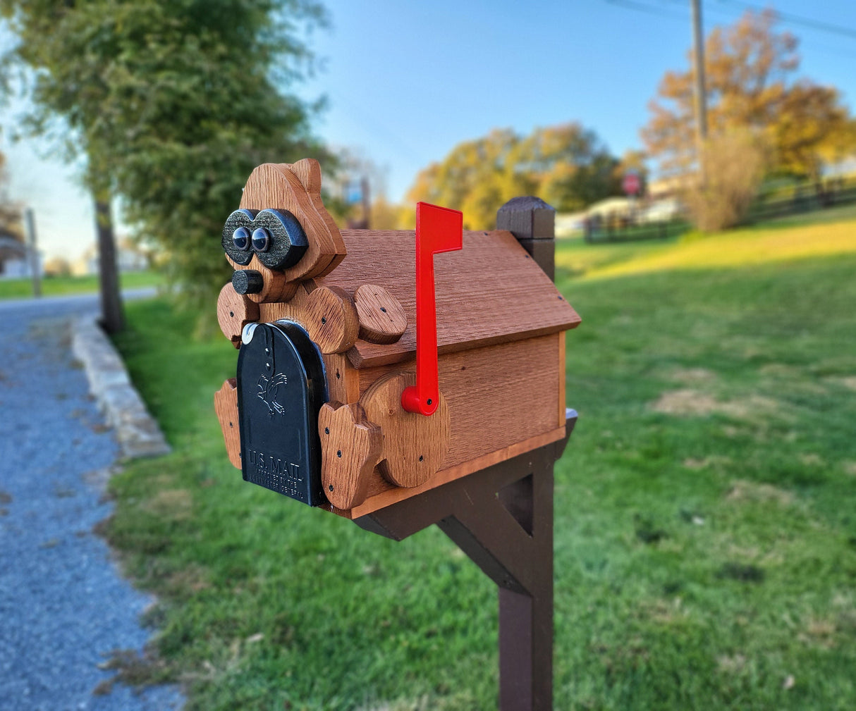 Raccoon Mailbox Amish Handmade, Wooden With metal Box Insert USPS Approved - Made With Yellow Pine Rougher Head