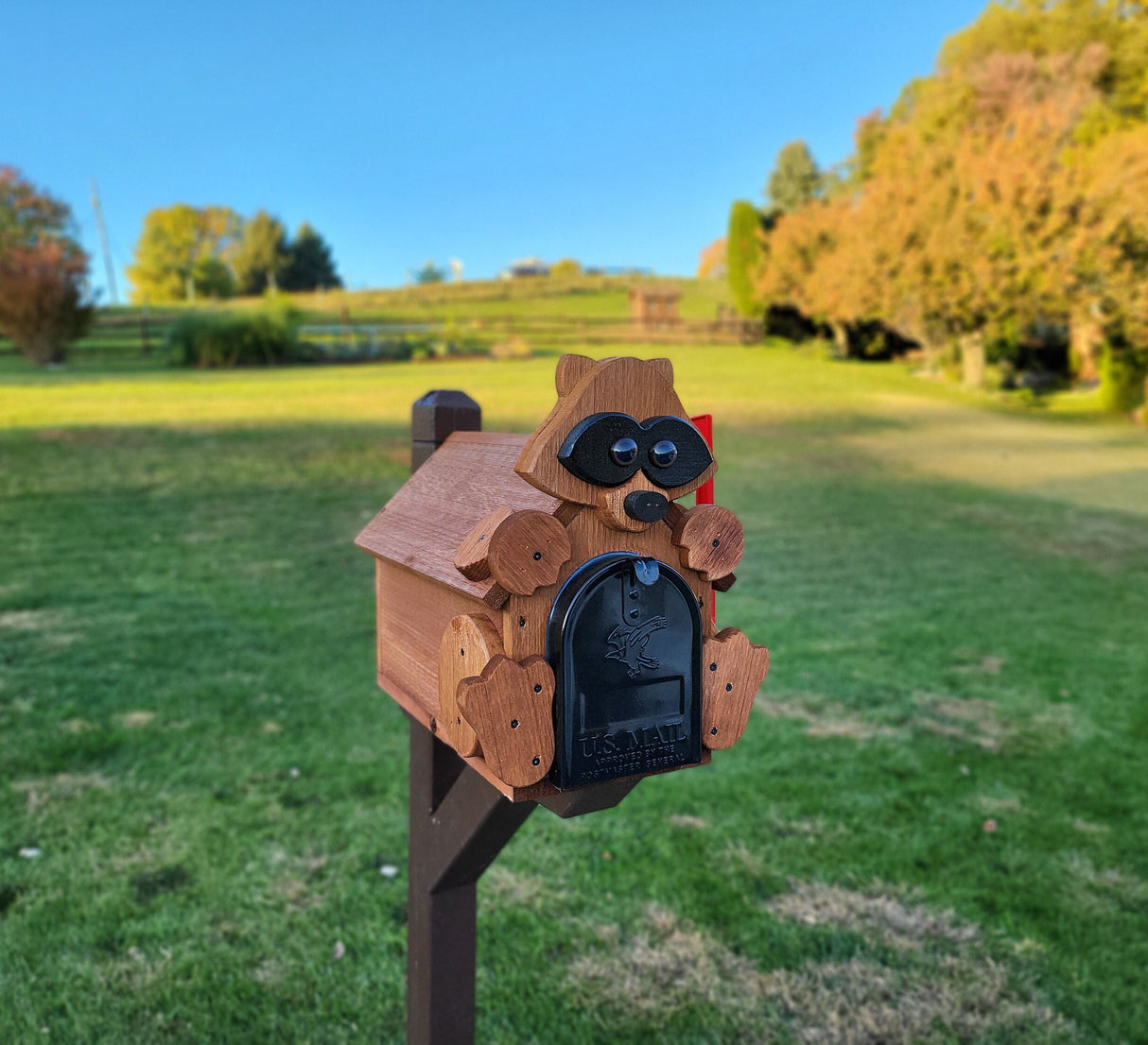 Raccoon Mailbox Amish Handmade, Wooden With metal Box Insert USPS Approved - Made With Yellow Pine Rougher Head