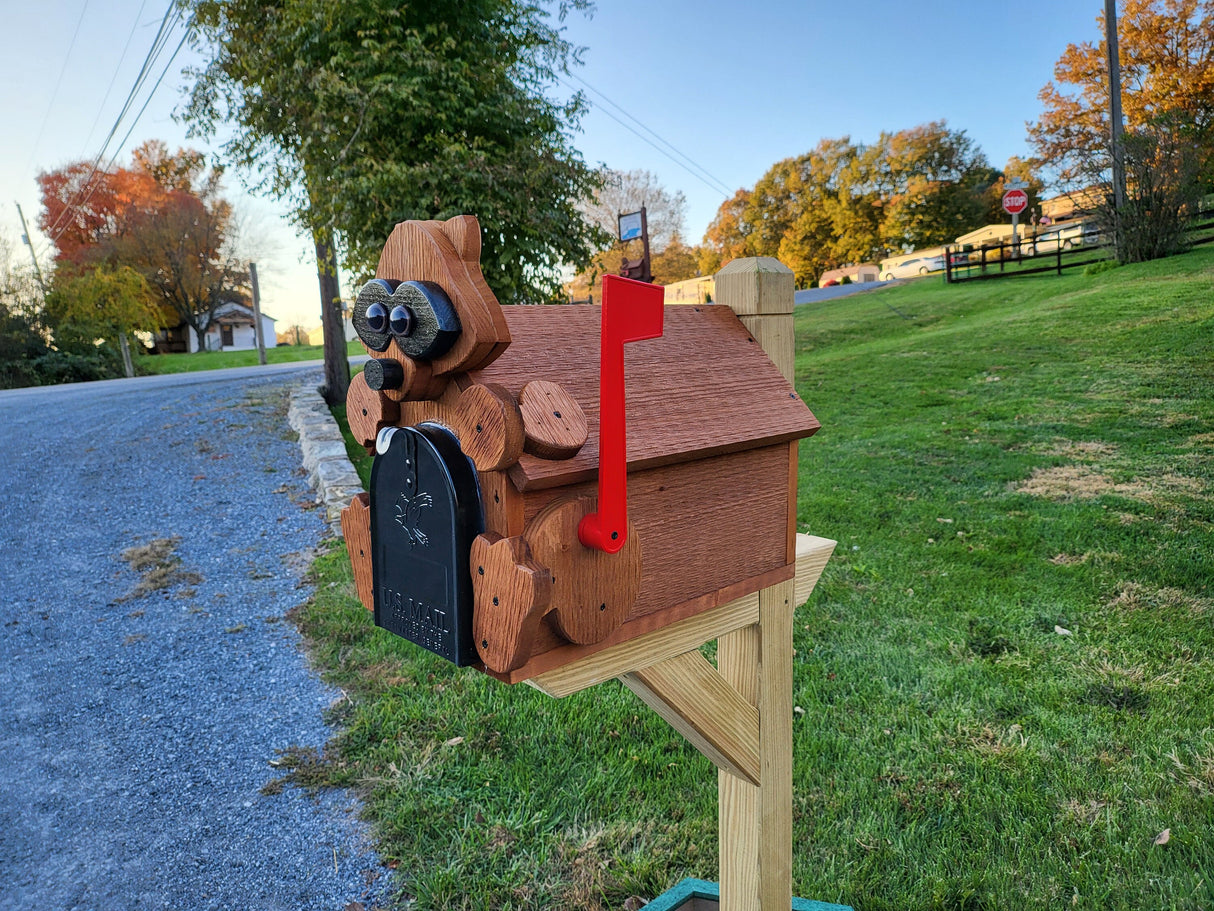 Pine Amish Mailbox Raccoon Design With Metal Insert USPS Approved Mailbox Outdoor - Animal Shape + Cabins