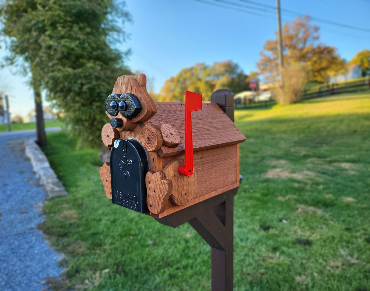 Pine Amish Mailbox Raccoon Design With Metal Insert USPS Approved Mailbox Outdoor - Animal Shape + Cabins