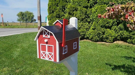 Barn Mailbox Amish Handmade, Dutch Barn Style, Free Shipping, Choose Your Color, Wooden Amish Mailbox With Red Flag Black Roof