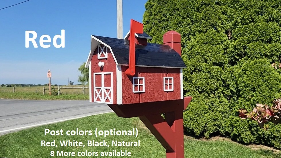 Barn Mailbox Amish Handmade, Dutch Barn Style, Free Shipping, Choose Your Color, Wooden Amish Mailbox With Red Flag Black Roof