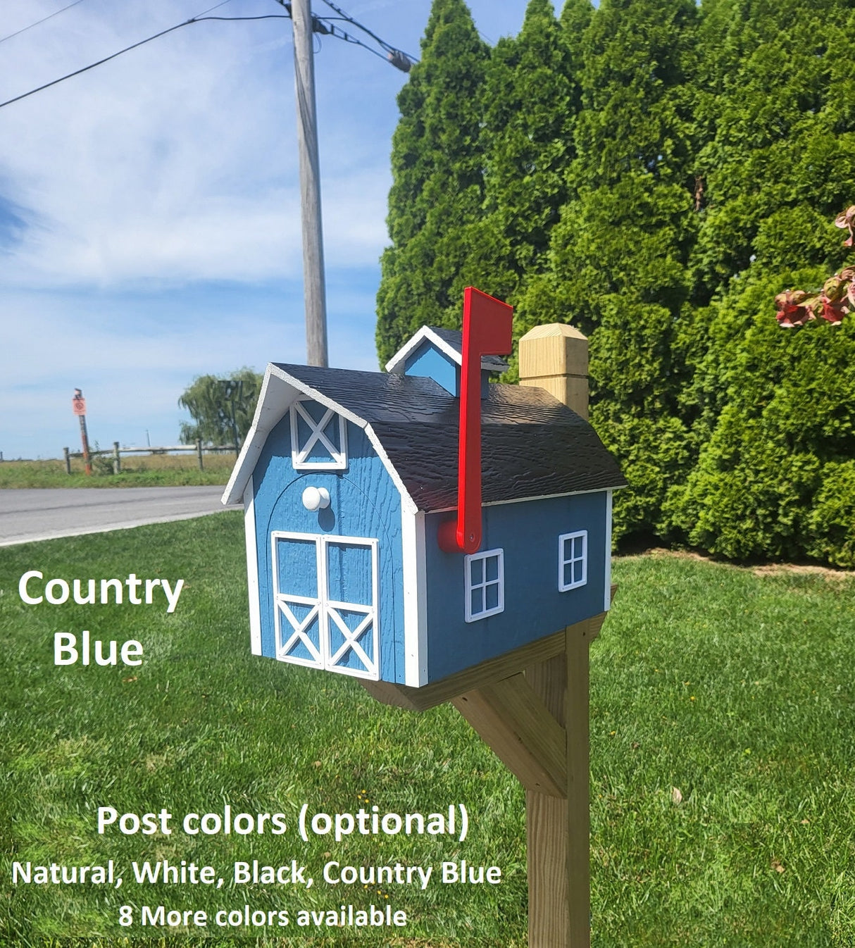 Barn Mailbox Amish Handmade, Dutch Barn Style, Free Shipping, Choose Your Color, Wooden Amish Mailbox With Red Flag Black Roof