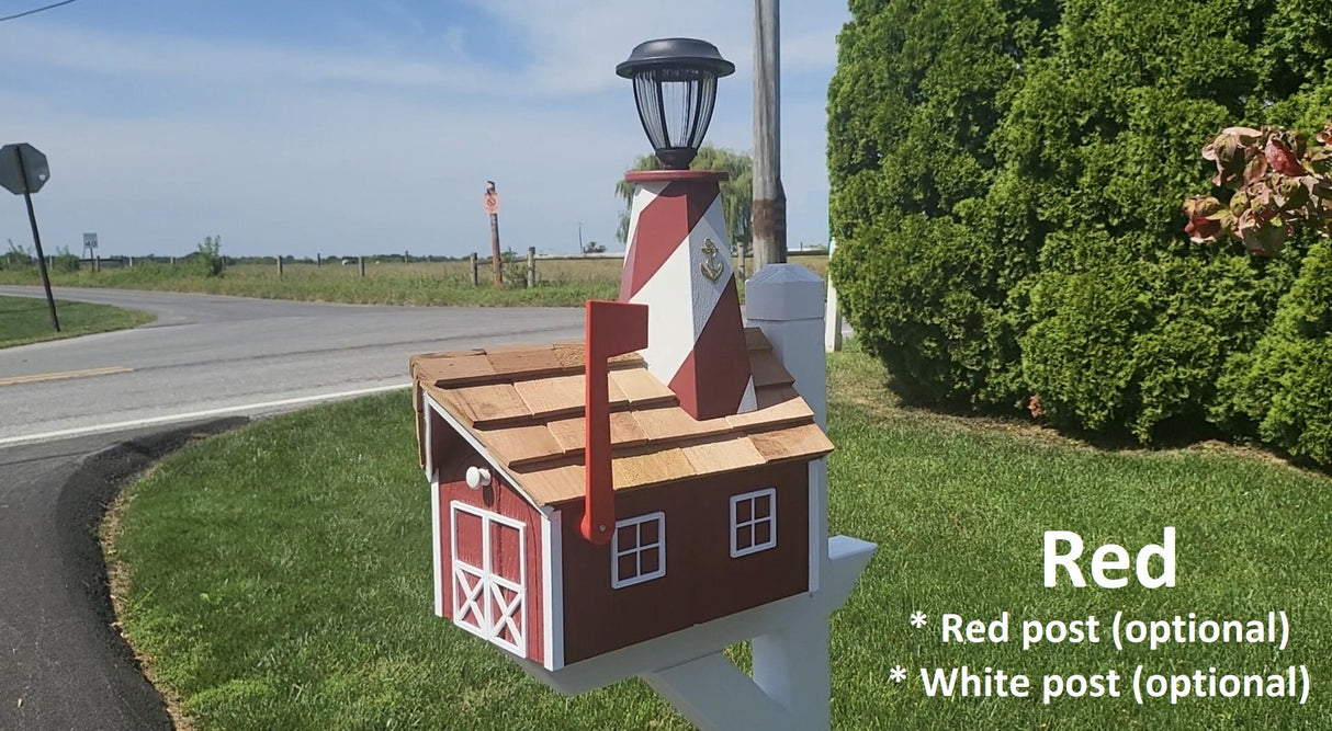 Amish Mailbox - Handmade - With Solar Lighthouse - Wooden - With Cedar Shake Shingles Roof - Color Options - Mailboxes