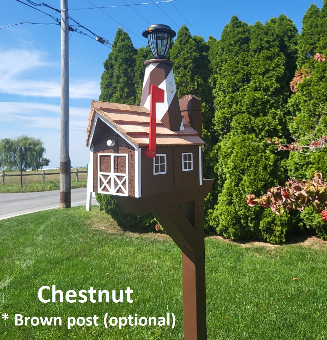 Amish Mailbox - Handmade - With Solar Lighthouse - Wooden - With Cedar Shake Shingles Roof - Color Options - Mailboxes