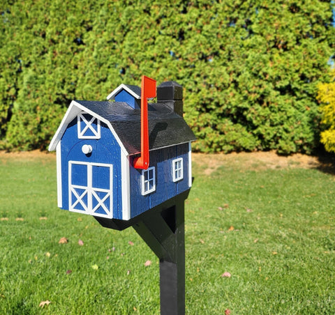 Dutch Barn Large Mailbox Amish Handmade, Choose Your Color, Amish Mailbox With Red Flag, Black Roof