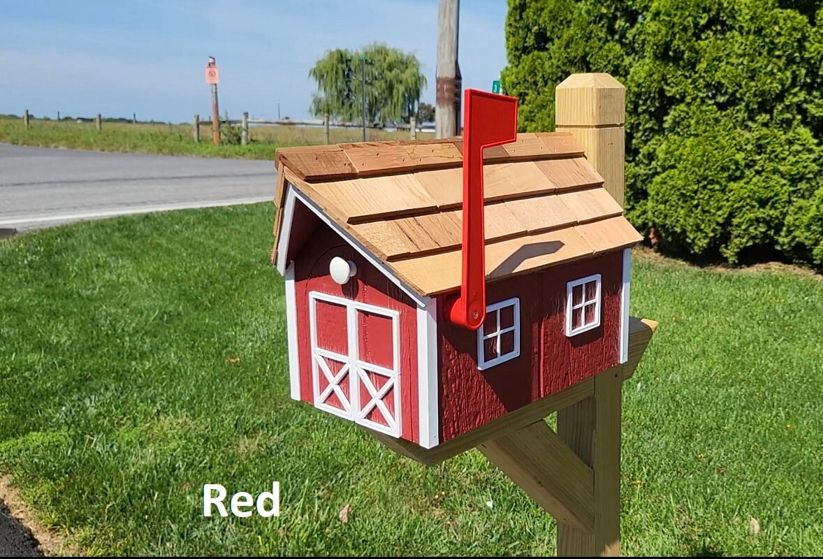 Amish Mailbox - Handmade - Free Shipping - Wooden - Tall Prominent Sturdy Flag - Cedar Shake Shingles - Amish Outdoor Mailbox Color Options