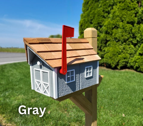 Amish Mailbox Gray - Handmade - Wooden - Barn Style - Gray - With a Tall Prominent Sturdy Flag - With Cedar Shake Shingles Roof