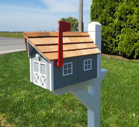 Amish Mailbox Gray - Handmade - Wooden - Barn Style - Gray - With a Tall Prominent Sturdy Flag - With Cedar Shake Shingles Roof - Barn Mailboxes Wood